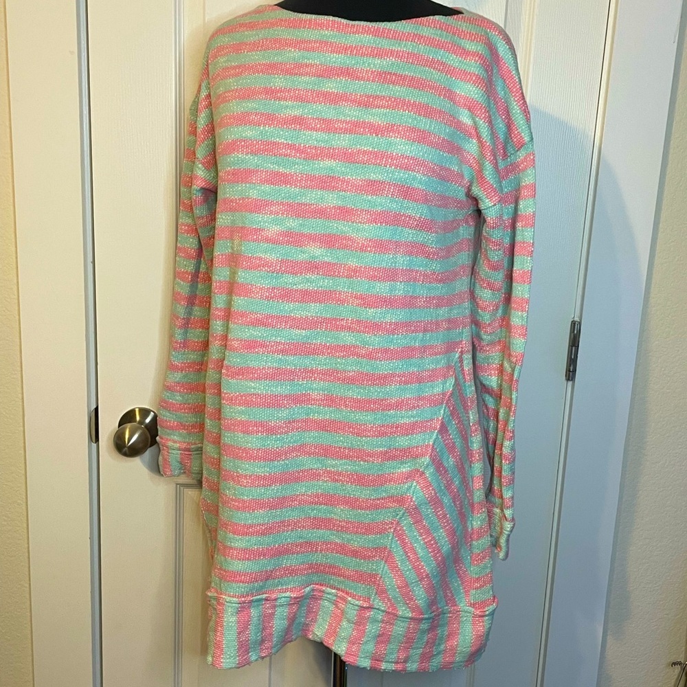 Soft Surroundings pink & blue striped tunic length sweater w/ boatneck sz L